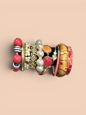 Boho Chic Beaded Bracelet Stack Mixed Media Chunky Statement Set